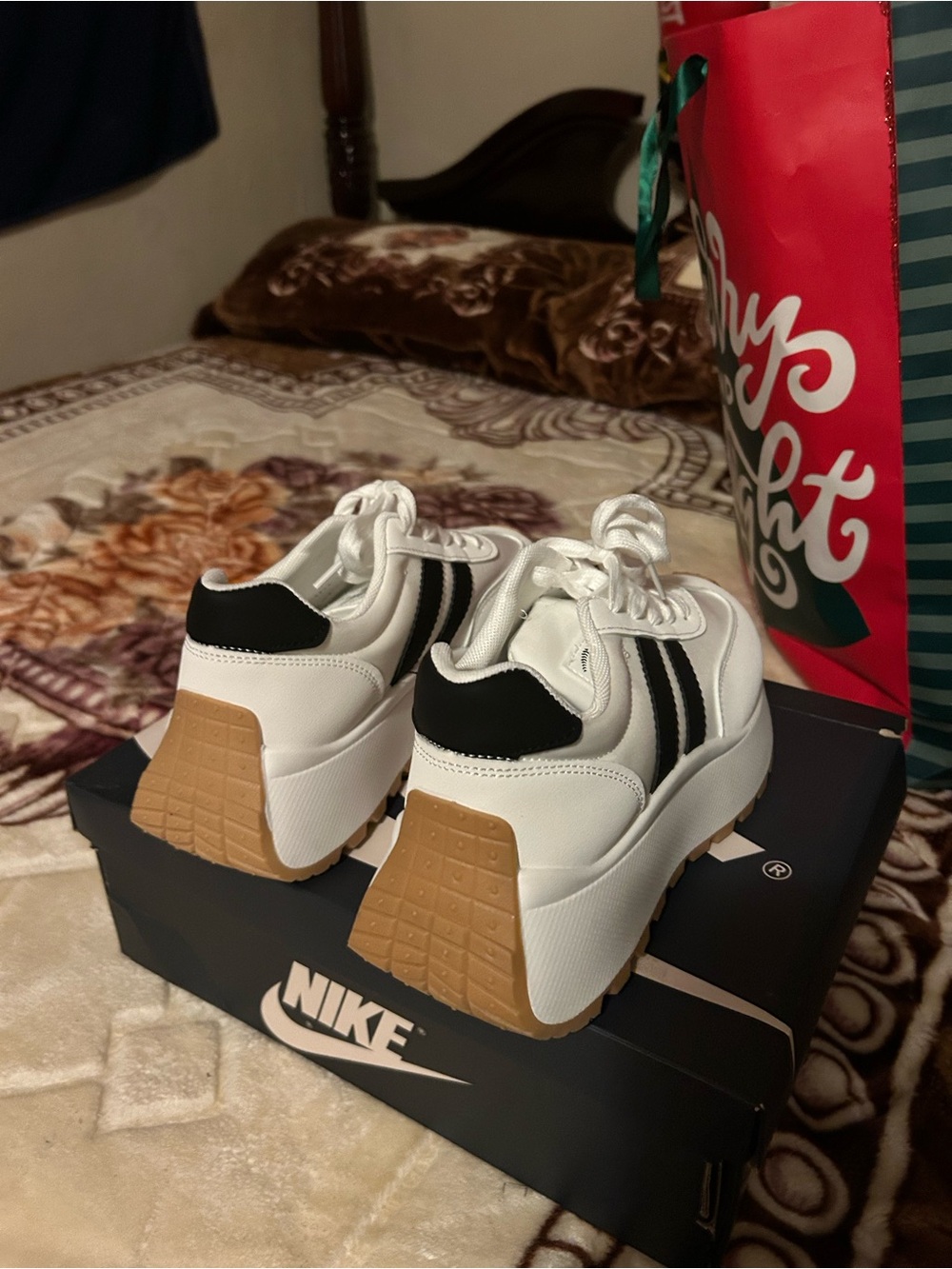 White Sneakers with Black Stripes - Women's Athletic Casual Shoes - Picture 4 of 5